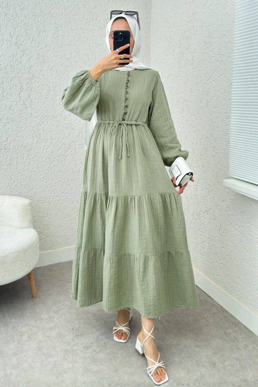 Birit Düğme Detaylı Elbise 2237 - MİNT YEŞİLİ