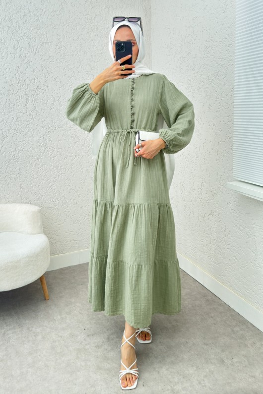 Birit Düğme Detaylı Elbise 2237 - MİNT YEŞİLİ