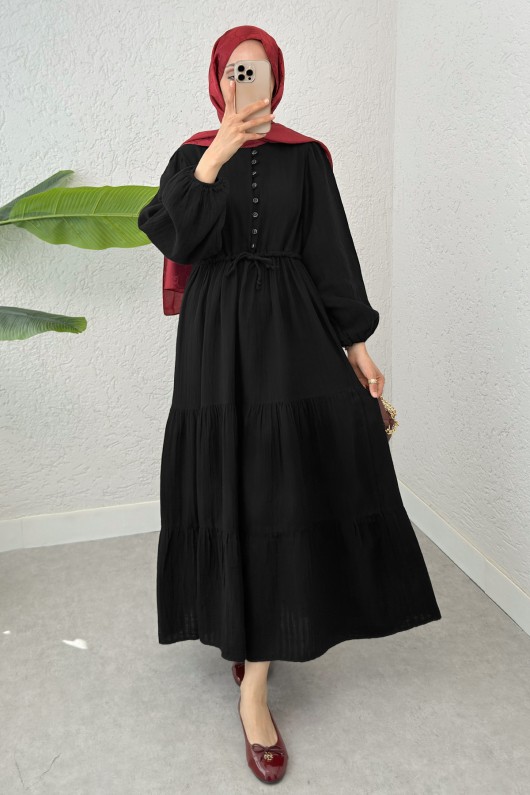 Birit Düğme Detaylı Elbise 2237 - SİYAH