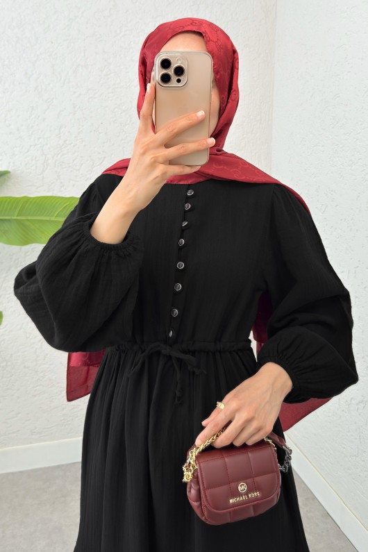 Birit Düğme Detaylı Elbise 2237 - SİYAH