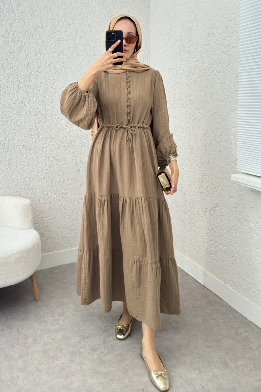 Birit Düğme Detaylı Elbise 2237 - VİZON