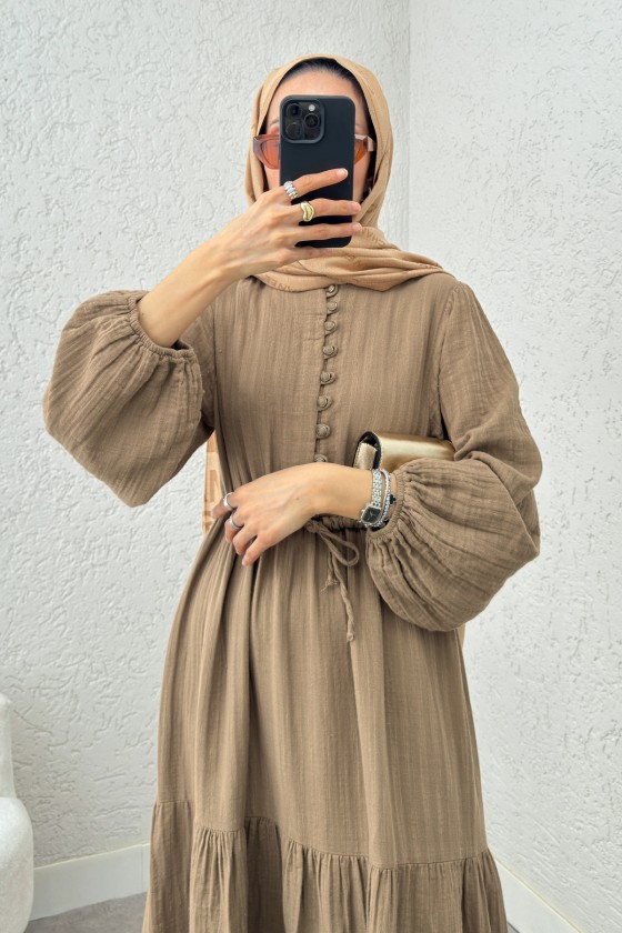 Birit Düğme Detaylı Elbise 2237 - VİZON Birit Düğme Detaylı Elbise 2237 - VİZON