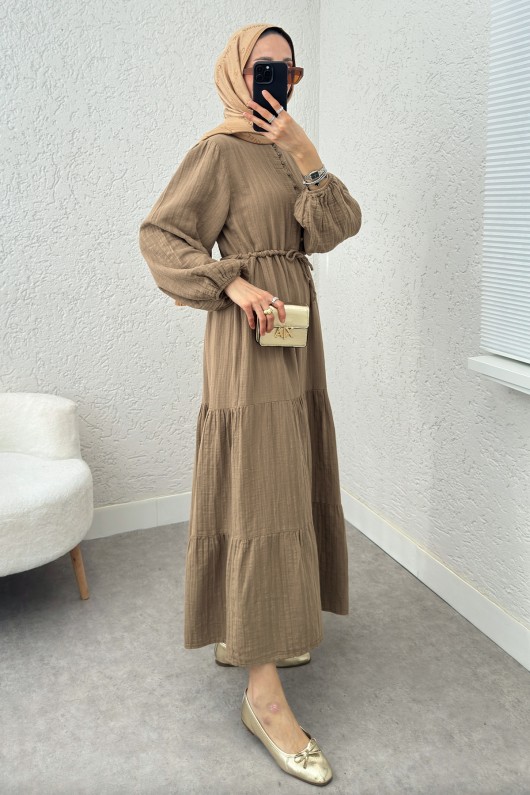 Birit Düğme Detaylı Elbise 2237 - VİZON