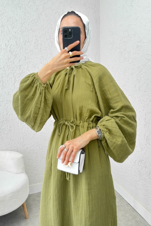 Yaka Büzgü Detaylı Elbise 2238 - FISTIK YEŞİLİ