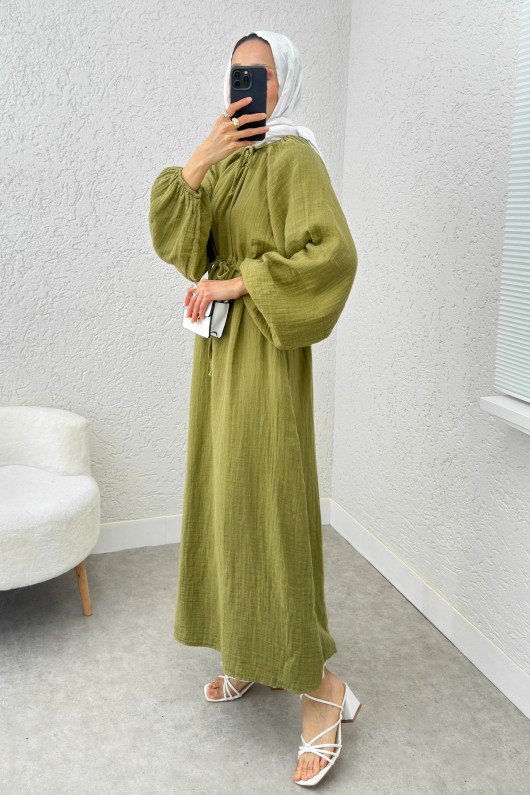 Yaka Büzgü Detaylı Elbise 2238 - FISTIK YEŞİLİ