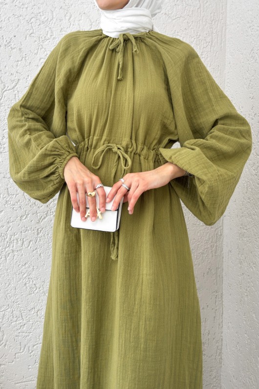 Yaka Büzgü Detaylı Elbise 2238 - FISTIK YEŞİLİ