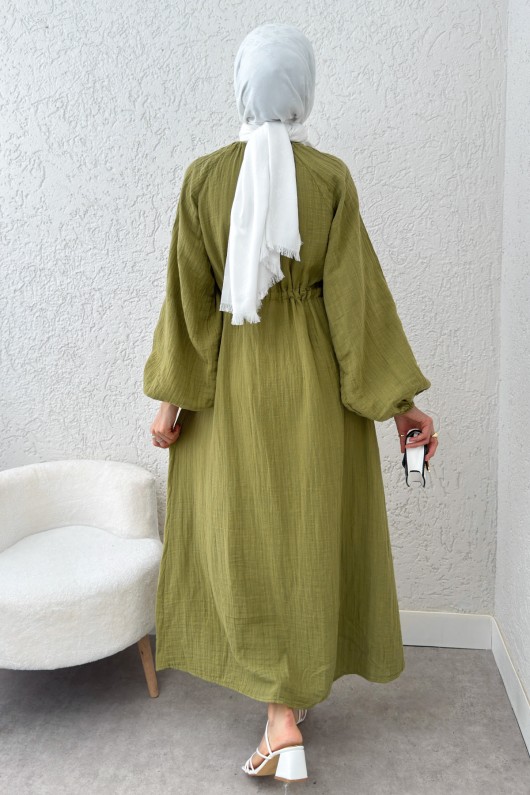 Yaka Büzgü Detaylı Elbise 2238 - FISTIK YEŞİLİ