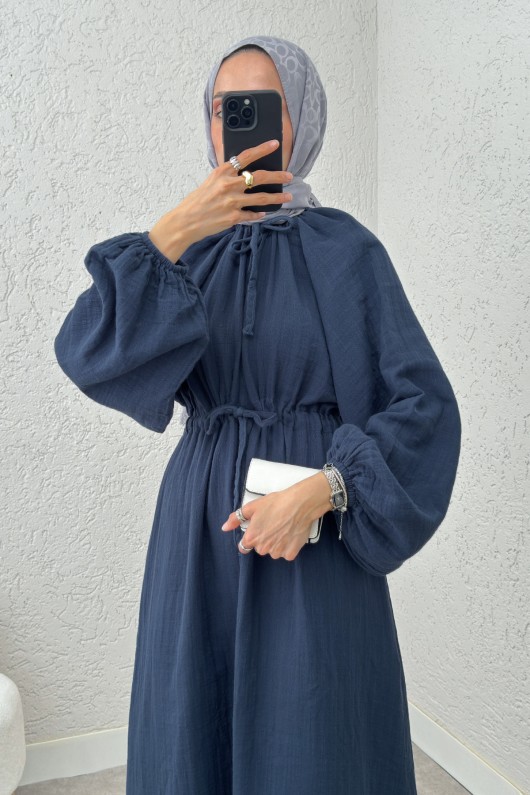 Yaka Büzgü Detaylı Elbise 2238 - LACİVERT