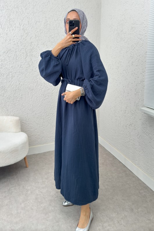 Yaka Büzgü Detaylı Elbise 2238 - LACİVERT