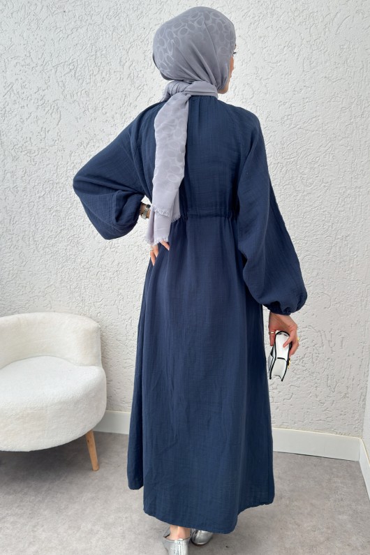 Yaka Büzgü Detaylı Elbise 2238 - LACİVERT