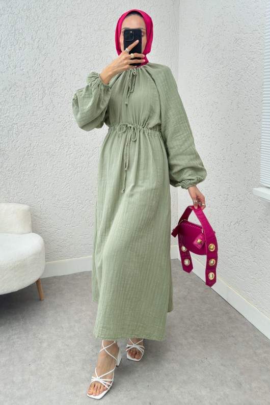 Yaka Büzgü Detaylı Elbise 2238 - MİNT YEŞİLİ