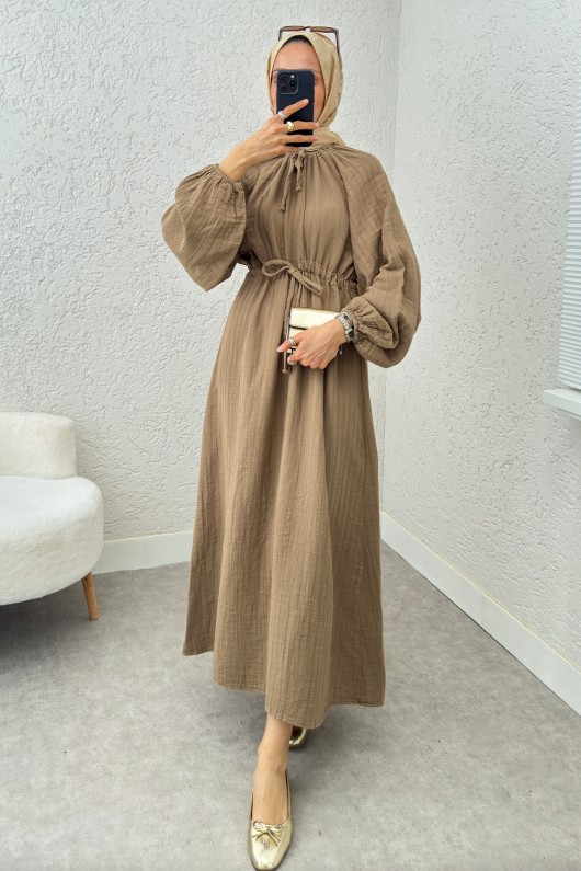 Yaka Büzgü Detaylı Elbise 2238 - VİZON