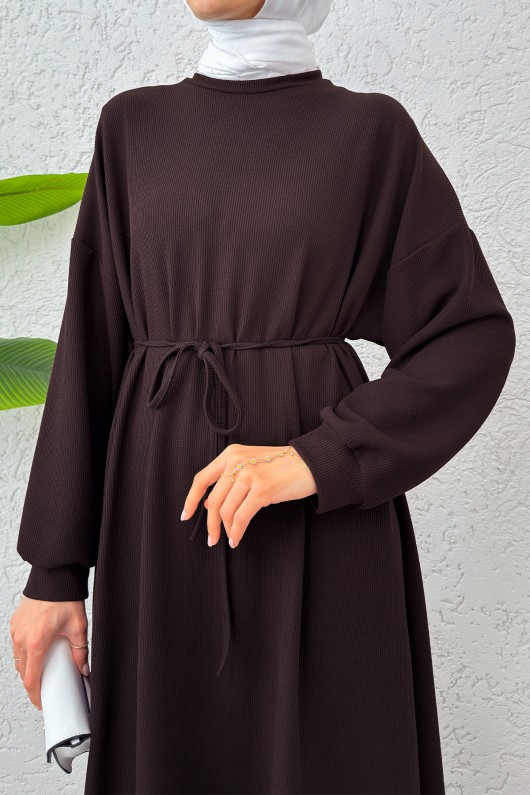 Yarasa Kol Tesettür Elbise 2239 - KAHVERENGİ