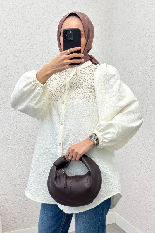 Punto Nakışlı Tesettür Gömlek 2241 - KREM