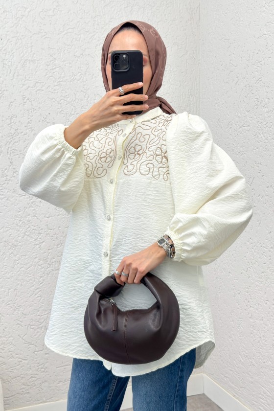 Punto Nakışlı Tesettür Gömlek 2241 - KREM