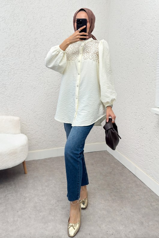 Punto Nakışlı Tesettür Gömlek 2241 - KREM