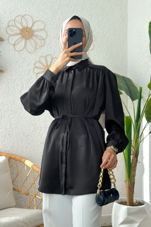 22420 Omuz Büzgülü Saten Gömlek - SİYAH