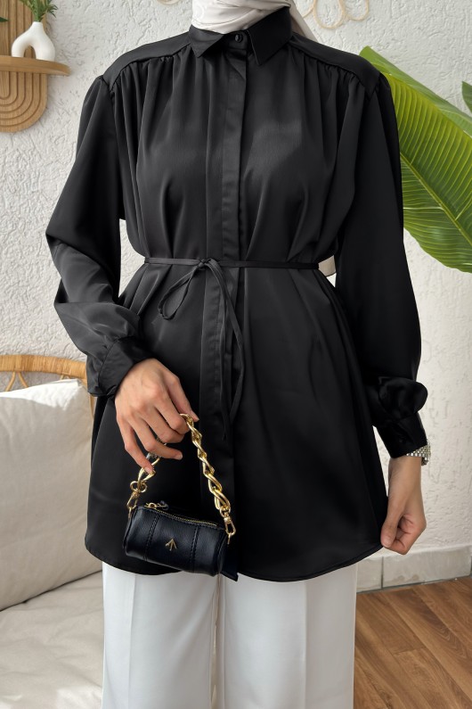 22420 Omuz Büzgülü Saten Gömlek - SİYAH