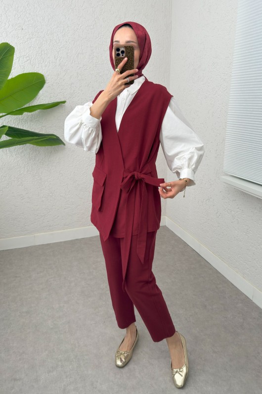 Kuşaklı Yelek Pantolon Takım 2243 - BORDO Kuşaklı Yelek Pantolon Takım 2243 - BORDO