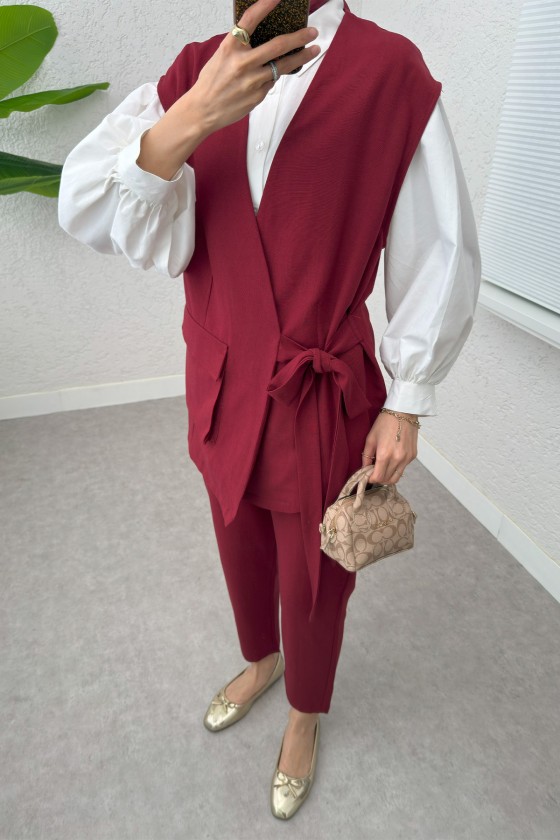Kuşaklı Yelek Pantolon Takım 2243 - BORDO