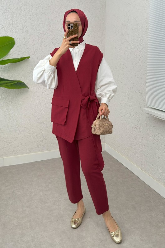 Kuşaklı Yelek Pantolon Takım 2243 - BORDO Kuşaklı Yelek Pantolon Takım 2243 - BORDO