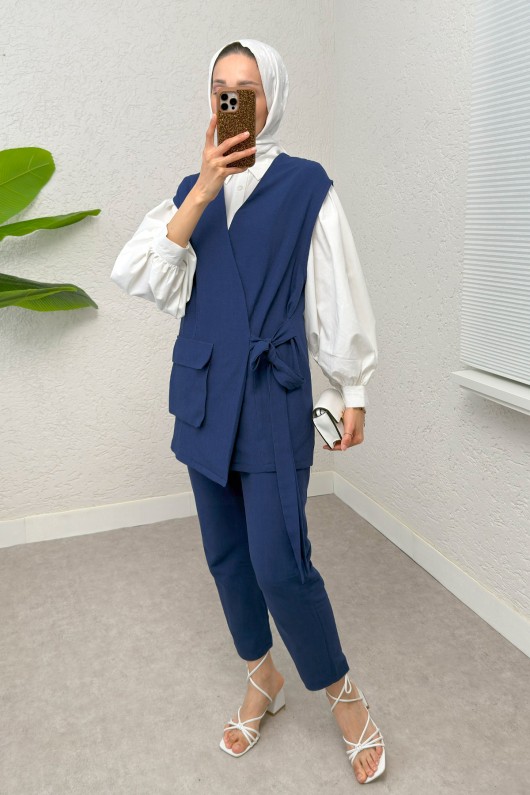 Kuşaklı Yelek Pantolon Takım 2243 - LACİVERT Kuşaklı Yelek Pantolon Takım 2243 - LACİVERT