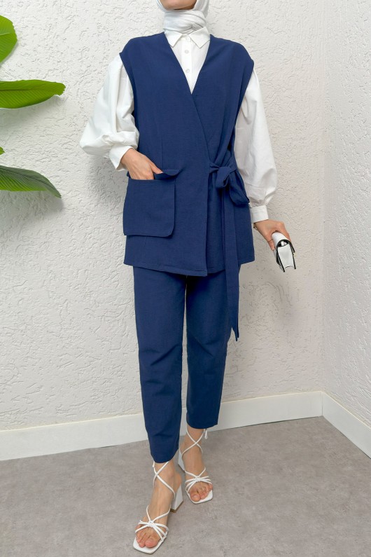 Kuşaklı Yelek Pantolon Takım 2243 - LACİVERT Kuşaklı Yelek Pantolon Takım 2243 - LACİVERT