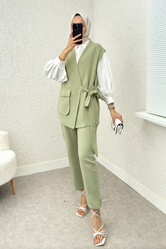 Kuşaklı Yelek Pantolon Takım 2243 - ÇAĞLA YEŞİLİ