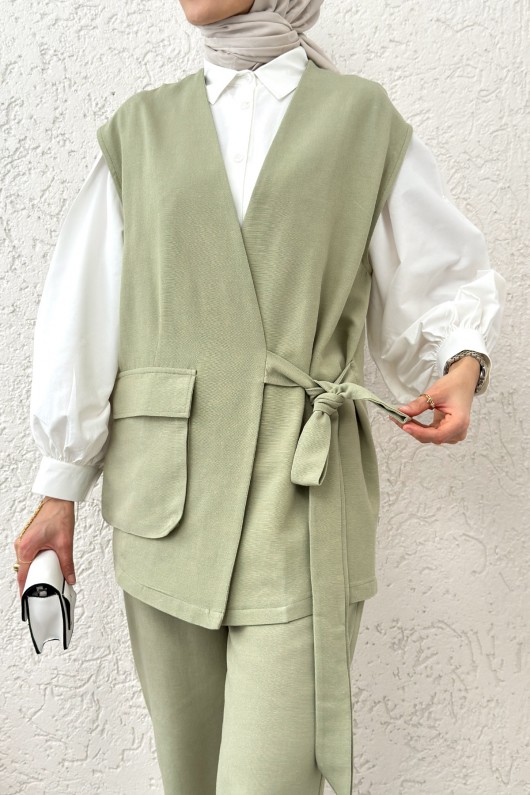 Kuşaklı Yelek Pantolon Takım 2243 - ÇAĞLA YEŞİLİ
