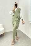 Kuşaklı Yelek Pantolon Takım 2243 - ÇAĞLA YEŞİLİ