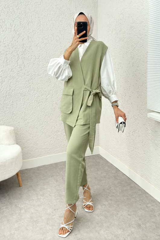 Kuşaklı Yelek Pantolon Takım 2243 - ÇAĞLA YEŞİLİ