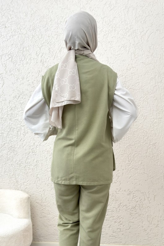 Kuşaklı Yelek Pantolon Takım 2243 - ÇAĞLA YEŞİLİ