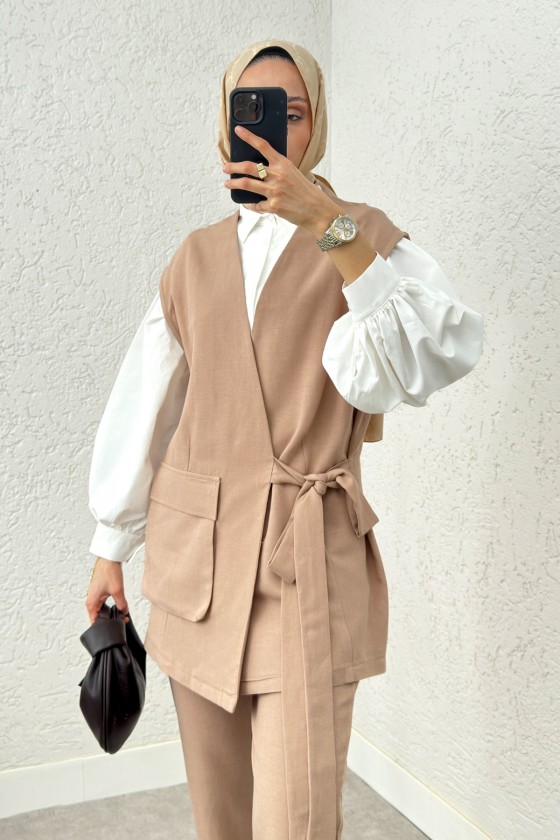 Kuşaklı Yelek Pantolon Takım 2243 - TAŞ RENGİ