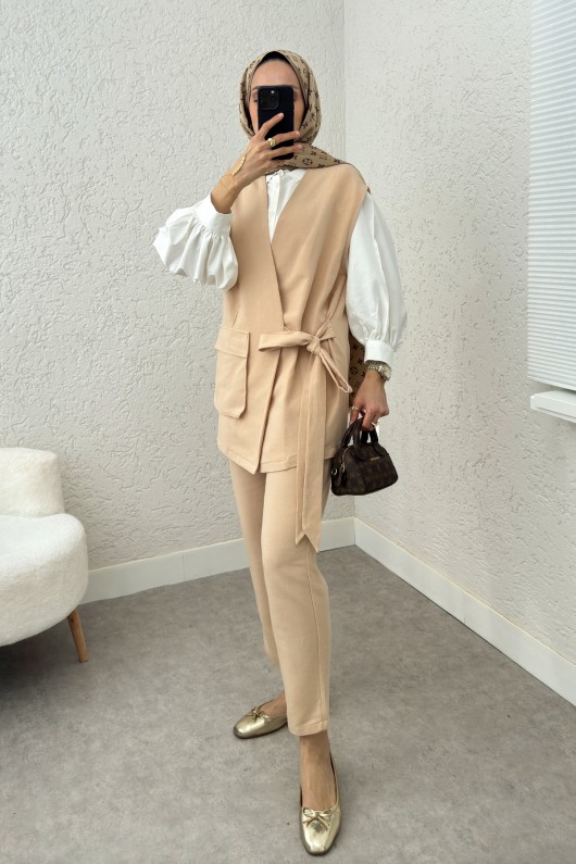 Kuşaklı Yelek Pantolon Takım 2243 - VİZON Kuşaklı Yelek Pantolon Takım 2243 - VİZON