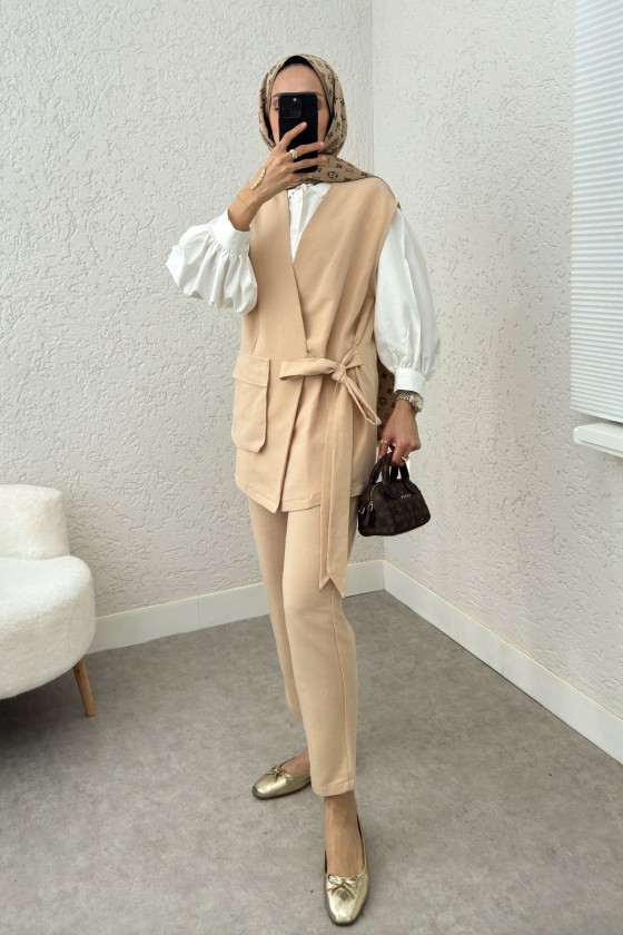 Kuşaklı Yelek Pantolon Takım 2243 - VİZON