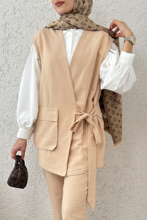 Kuşaklı Yelek Pantolon Takım 2243 - VİZON