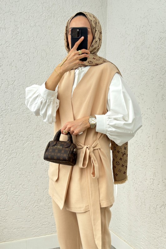 Kuşaklı Yelek Pantolon Takım 2243 - VİZON Kuşaklı Yelek Pantolon Takım 2243 - VİZON