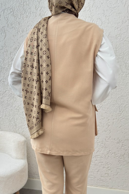 Kuşaklı Yelek Pantolon Takım 2243 - VİZON Kuşaklı Yelek Pantolon Takım 2243 - VİZON