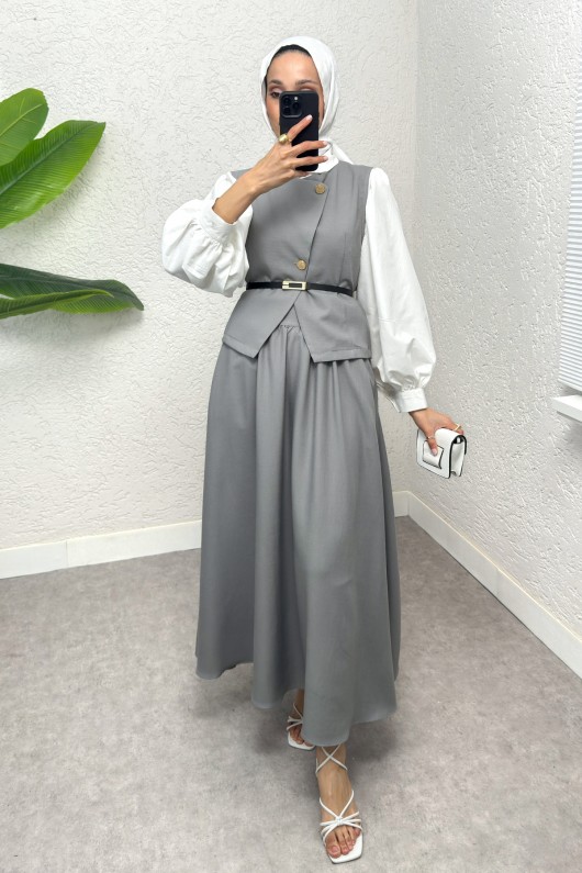 Kemerli Yelek Etek Takım 2245 - GRİ