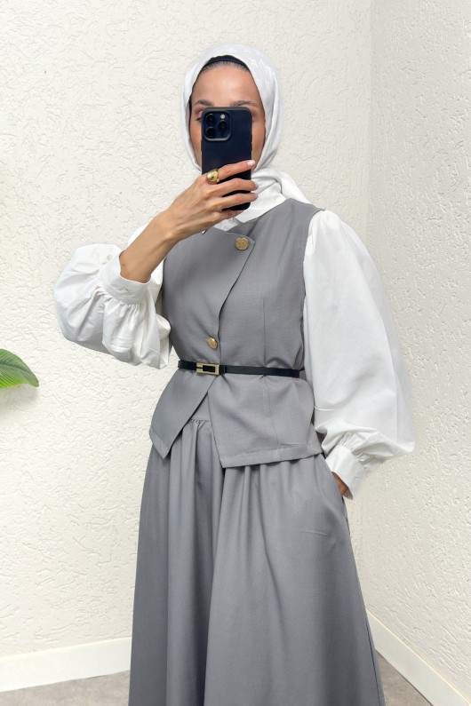 Kemerli Yelek Etek Takım 2245 - GRİ