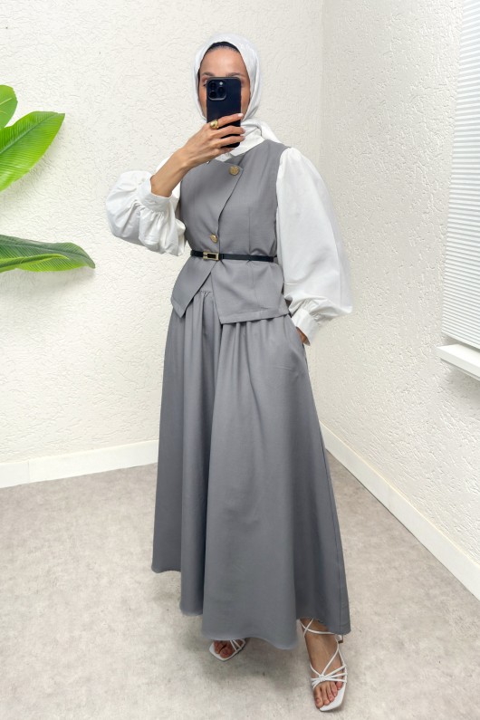 Kemerli Yelek Etek Takım 2245 - GRİ