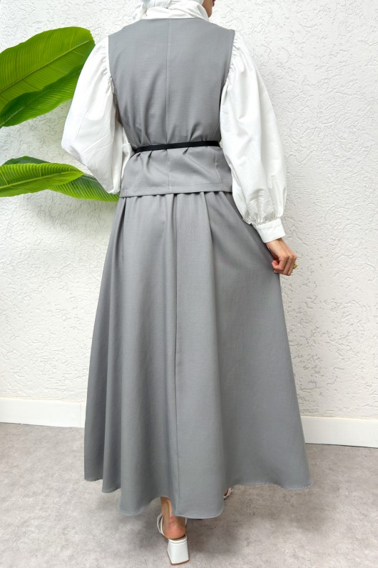 Kemerli Yelek Etek Takım 2245 - GRİ