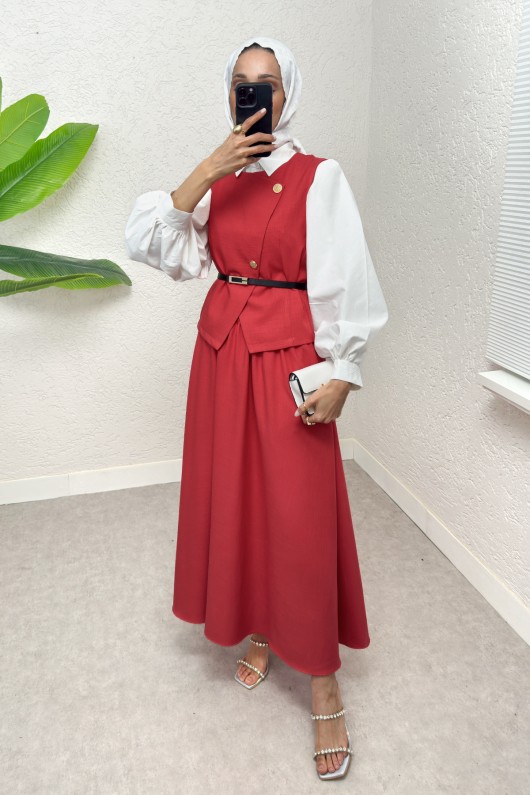 Kemerli Yelek Etek Takım 2245 - KIRMIZI
