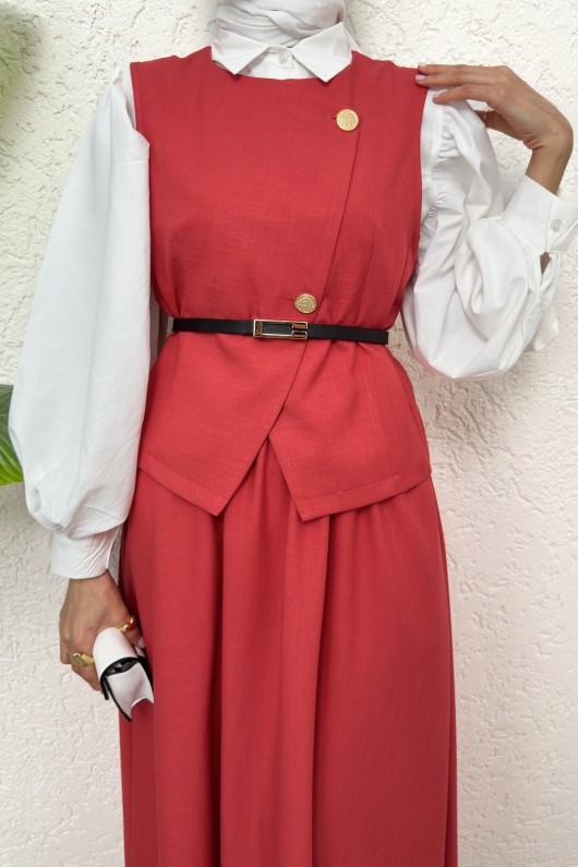 Kemerli Yelek Etek Takım 2245 - KIRMIZI