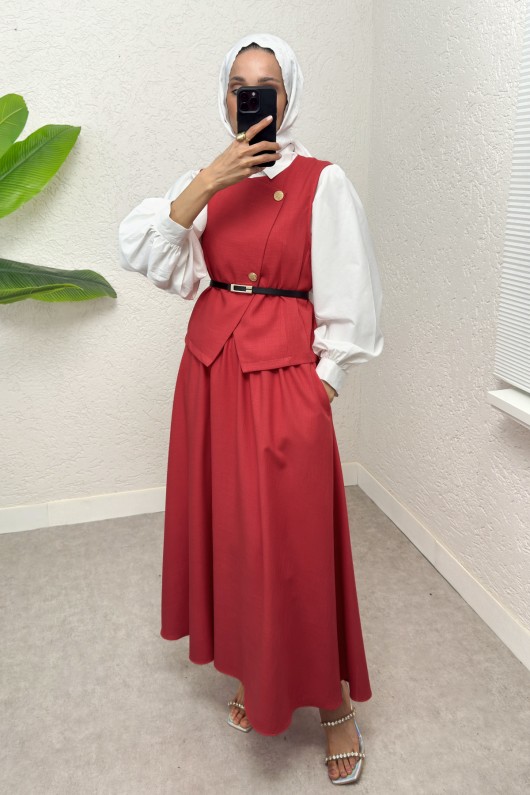Kemerli Yelek Etek Takım 2245 - KIRMIZI