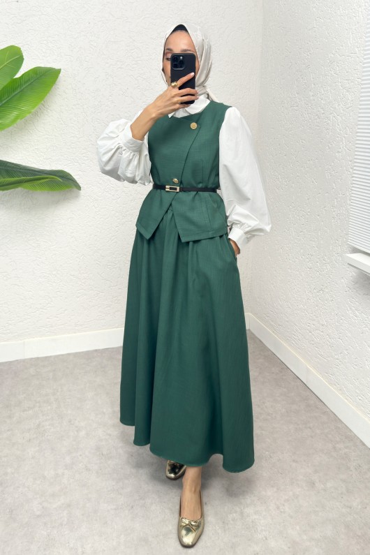Kemerli Yelek Etek Takım 2245 - KOYU YEŞİL