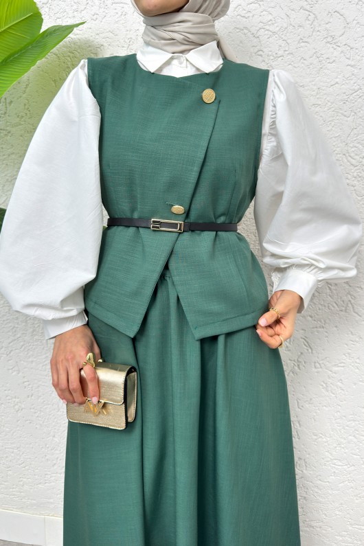 Kemerli Yelek Etek Takım 2245 - KOYU YEŞİL