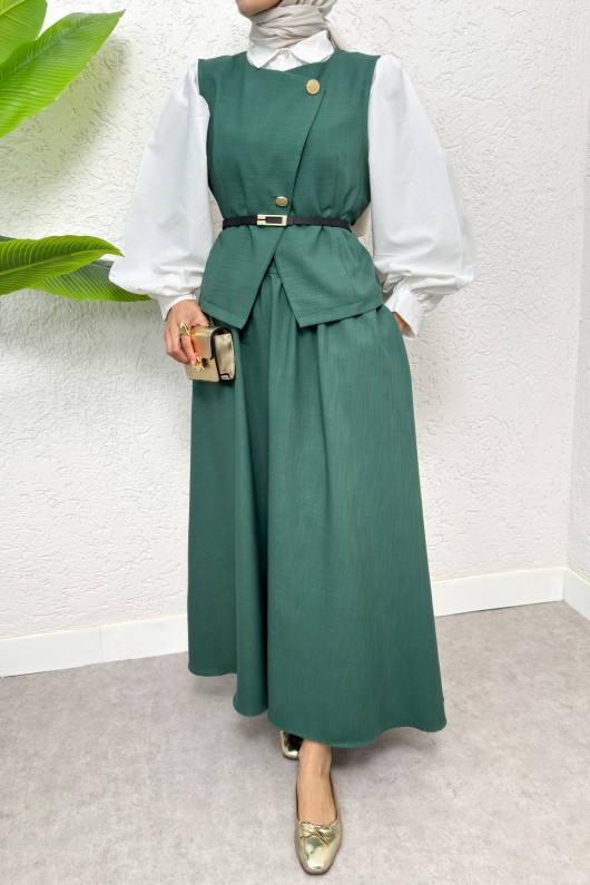 Kemerli Yelek Etek Takım 2245 - KOYU YEŞİL