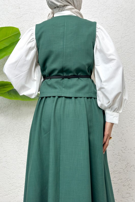 Kemerli Yelek Etek Takım 2245 - KOYU YEŞİL