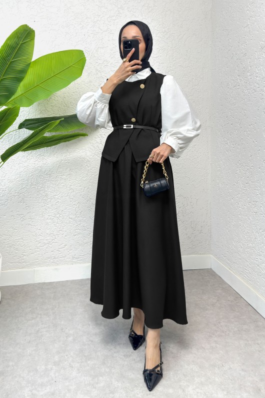 Kemerli Yelek Etek Takım 2245 - SİYAH Kemerli Yelek Etek Takım 2245 - SİYAH